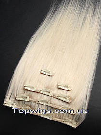 Натуральне волосся на заколках, треси 5 пасм у наборі: колір 60A вибілений блондин