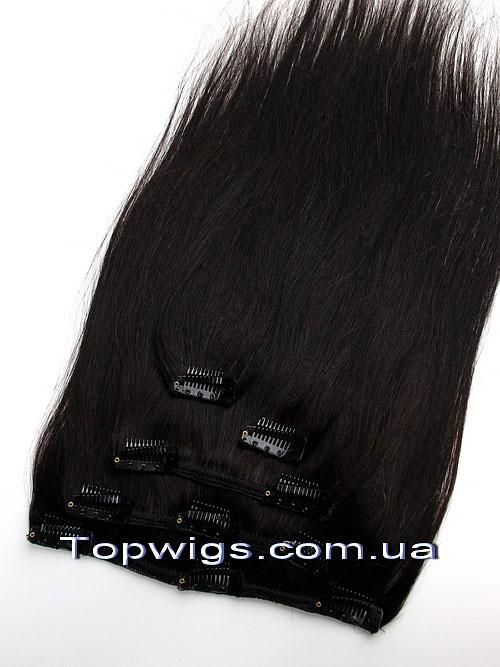 Натуральне волосся на заколках, треси 5 пасм у наборі: колір NC натуральний чорний, фото 1