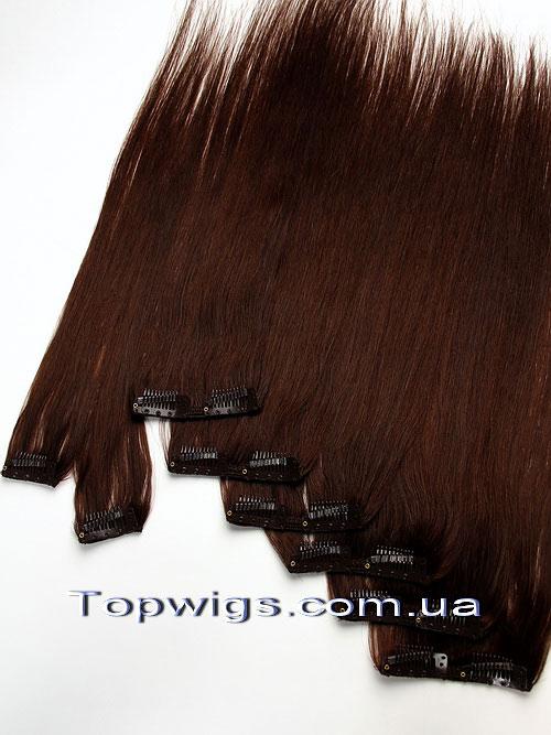 Натуральне волосся на заколках, треси 8 пасм у наборі: колір 9 темний каштановий, фото 1