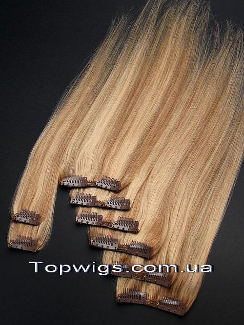 Натуральне волосся на заколках, треси 8 пасм у наборі: колір 12-24 русявий мелірування, фото 1