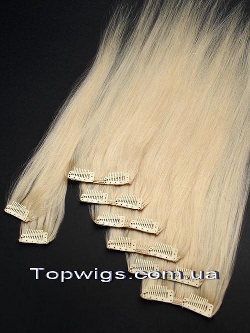 Натуральне волосся на заколках, треси 8 пасм у наборі: колір 60 теплий блондин, фото 1