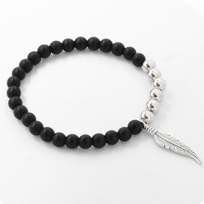 Браслет з натурального каменю Агат з сріблястим пір'їнкою, фото 1