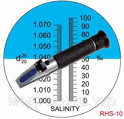 Портативний рефрактомометр RHS-10ATC для вимірювання солоності. З шкалами: соліно (0-100÷) і щільності (1,000-1,070)
