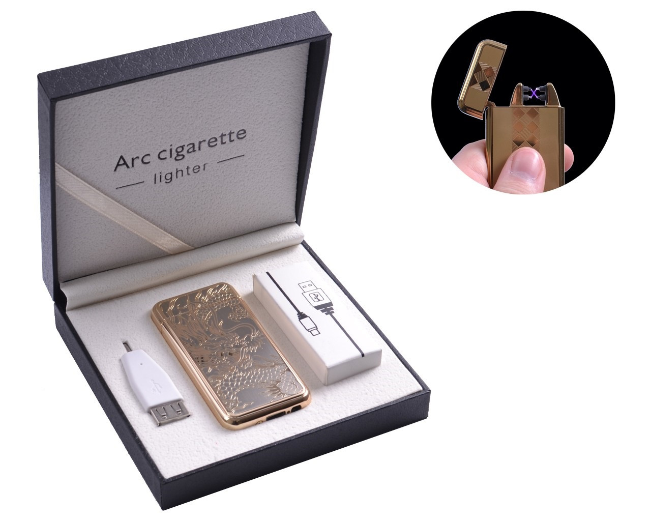 Електроімпульсна USB запальничка з двома перехрещеними блискавками в подарунковій упаковці "Дракон" Золотий