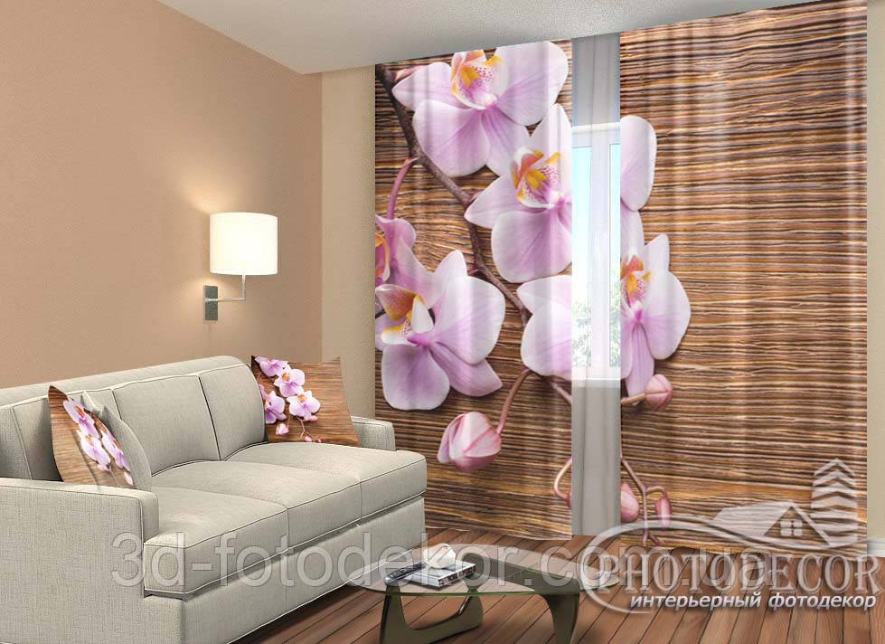Фото Штори "Орхідеї і дерево" 2,5м*2,6м (2 полотна по 1,30м), тасьма