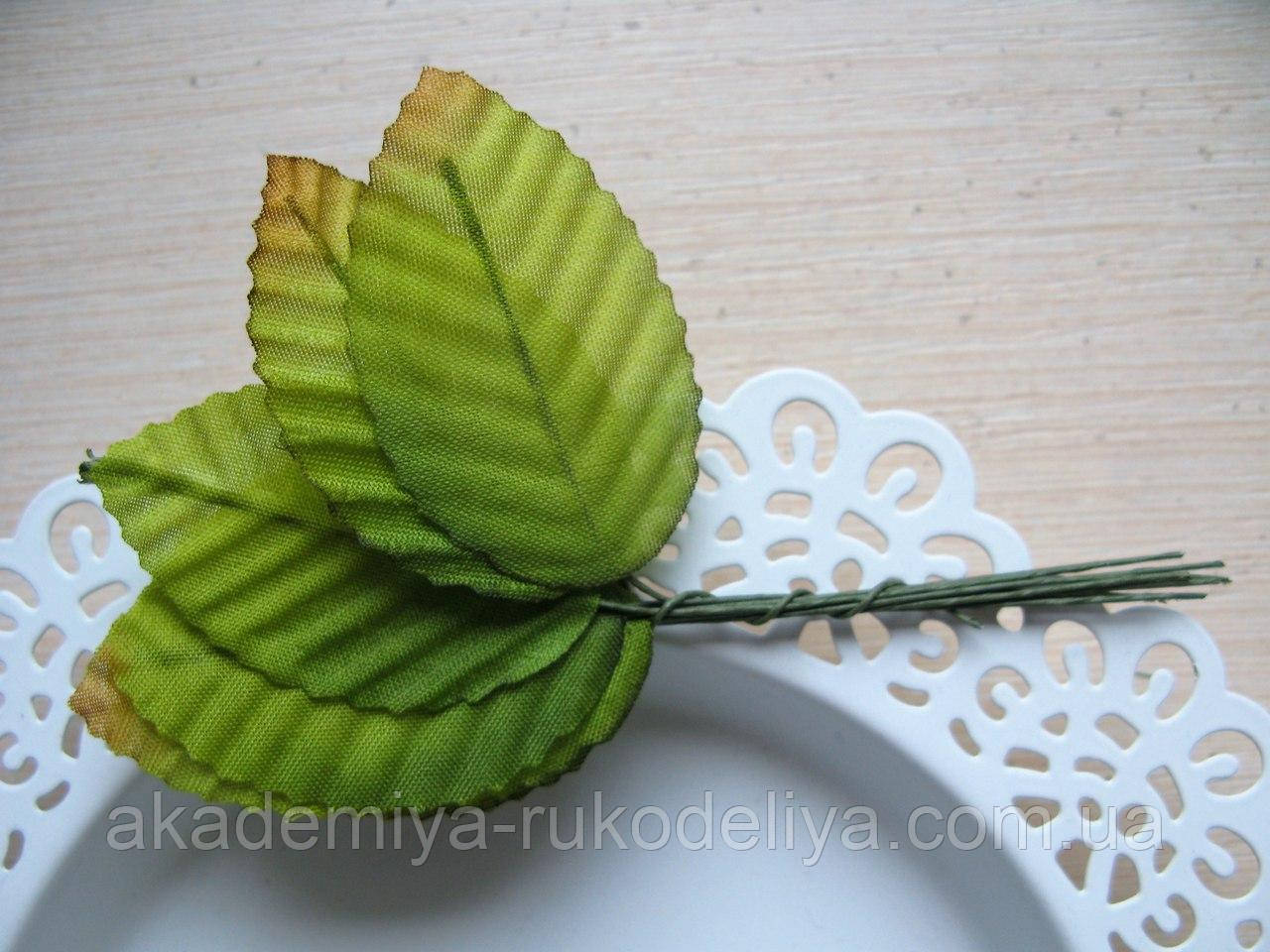 Декоративні листочки з тканини. Пучок — 10 аркушів. Колір трав'яний із коричневим кінчиком, фото 1