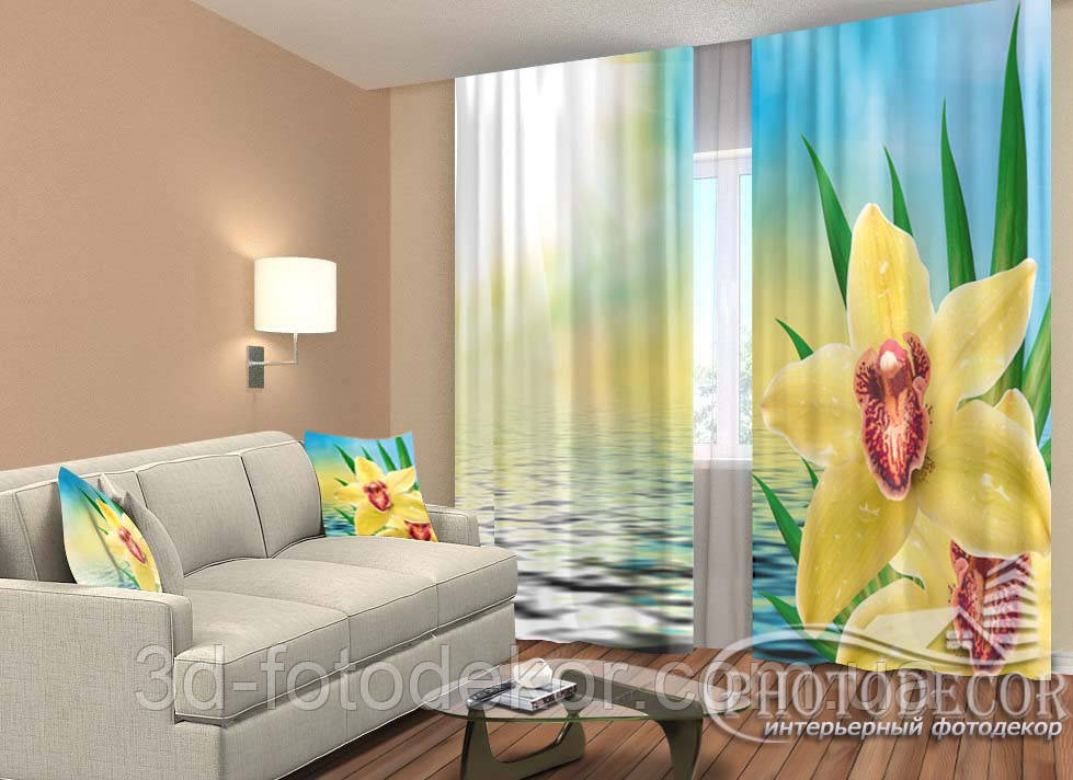3D Фото Штори "Жовта орхідея" 2,5м*2,6м (2 полотна по 1,30м), тасьма