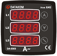 DATAKOM DA-0303 Амперметр, 170-275V питание, 3 фазы, 72x72мм, 3 дисплея