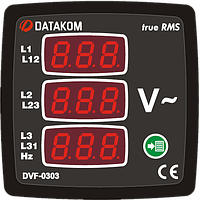 DATAKOM DVF-0303 Вольтметр-частотомер, 3 фазы, 72x72mm, 3 дисплея