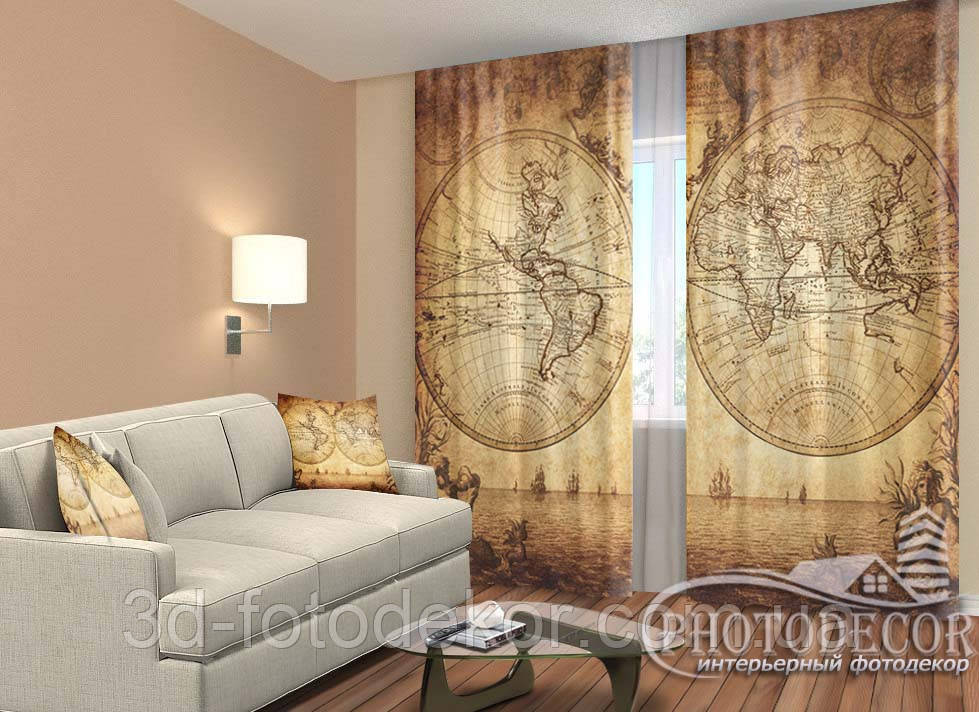Фото Штори "Карта світу" 2,5м*2,6м (2 полотна 1,30м), тасьма, фото 1