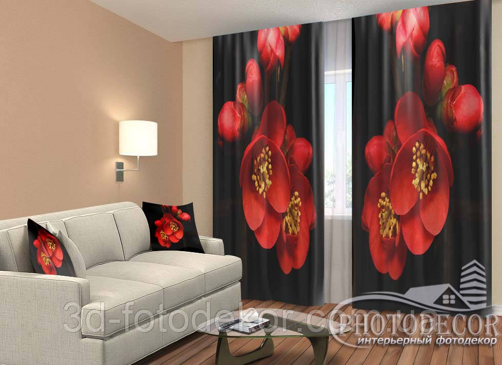 ФотоШторы "Червоні квіти на чорному" 2,5 м*2,9 м (2 полотна по 1,45 м), тасьма