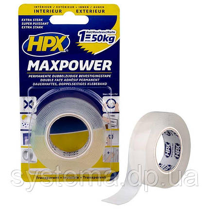 HPX Високоміцна двостороння і прозора стрічка MAXPOWER, 19 х 1,0 мм, рулон 2 м, фото 1
