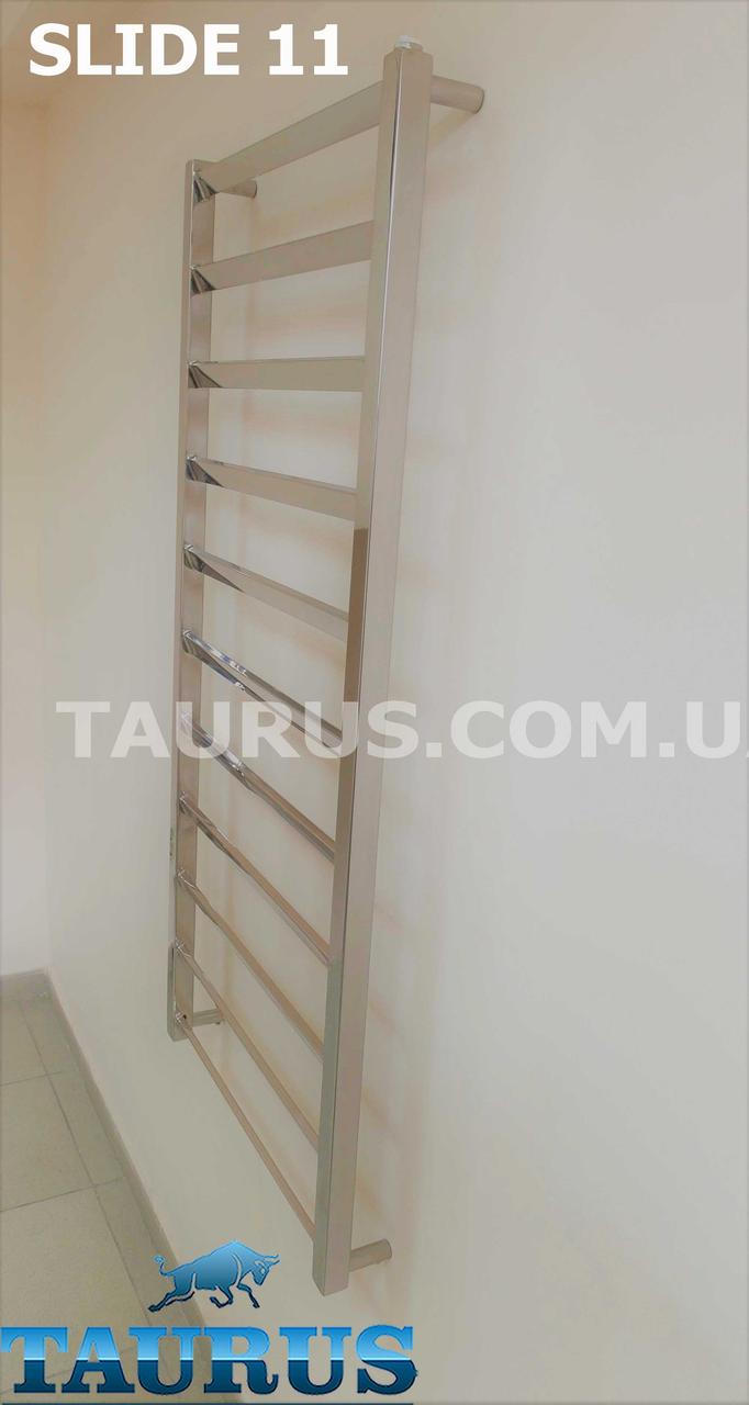 Дизайнерська сушарка для рушників із плоскими кутовими перемичками 30х10 — Slide 11/1150x500 мм. Квадратні стійки, фото 1