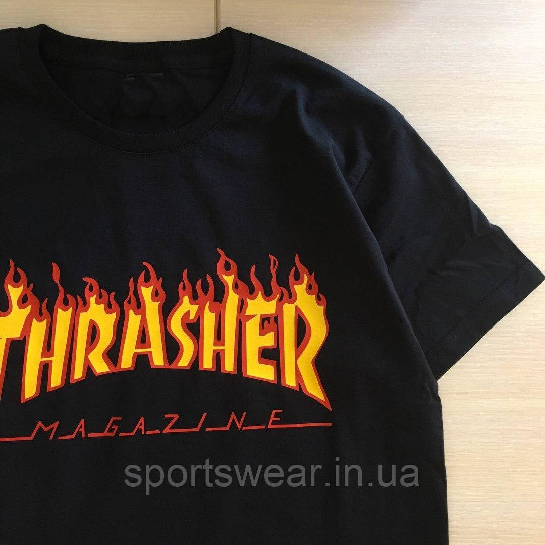 Футболка Thrasher чоловіча Всі розміри Чорна Трешер Футболка з вогняним принтом Трешєр вільна котон 100%