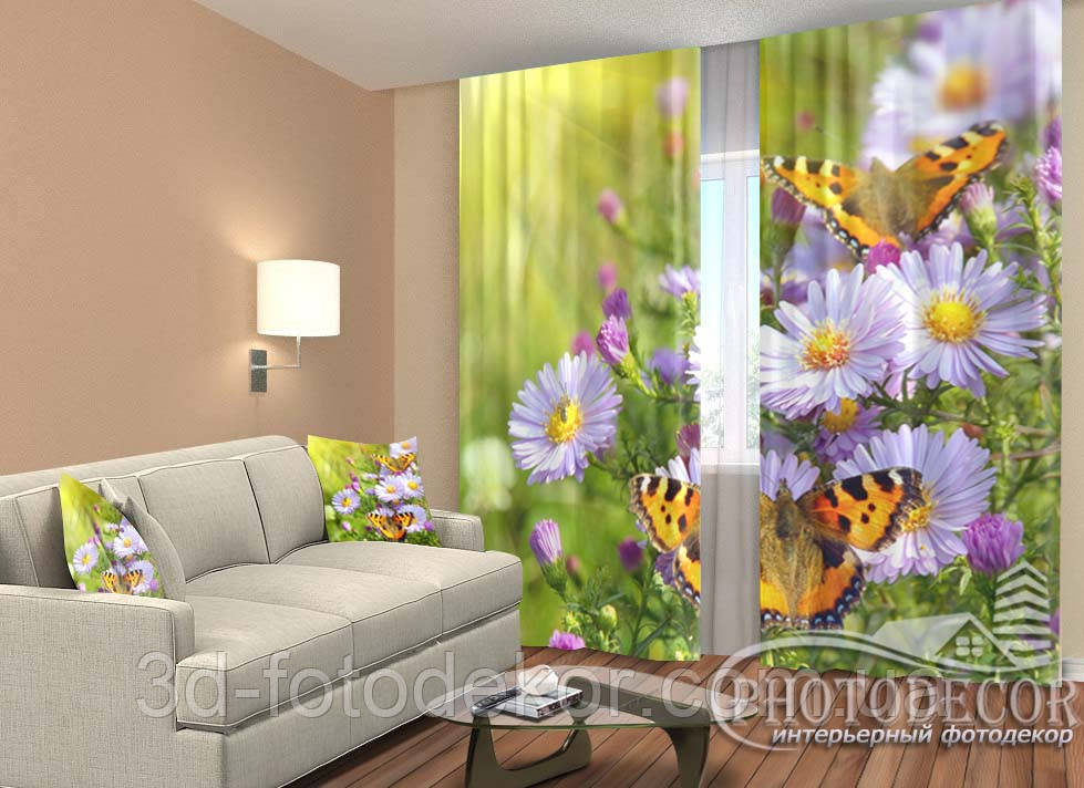 Фото Штори "Квіти і метелики" 2,5м*2,6м (2 полотна по 1,30м), тасьма