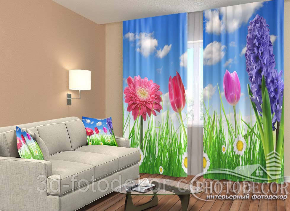 Фото Штори "Квіти в траві" 2,5 м*2,9 м (2 полотна по 1,45 м), тасьма