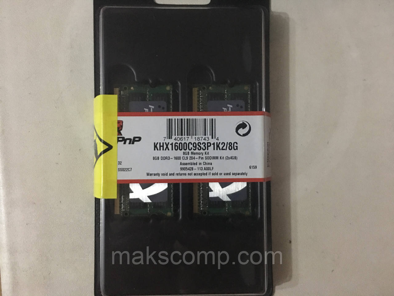 Пам'ять Kingston HyperX 4Gb So-DIMM PC3-12800S DDR3-1600 1.5v (KHX1600C9S3P1K2/8G)