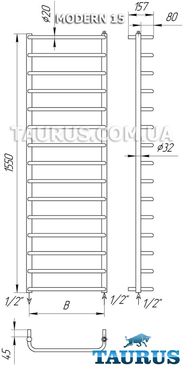 Самый высокий полотенцесушитель из н/ж стали Modern 15/1550х450 с выступающей перемычкой П-форма d20 - фото 3 - id-p17520095