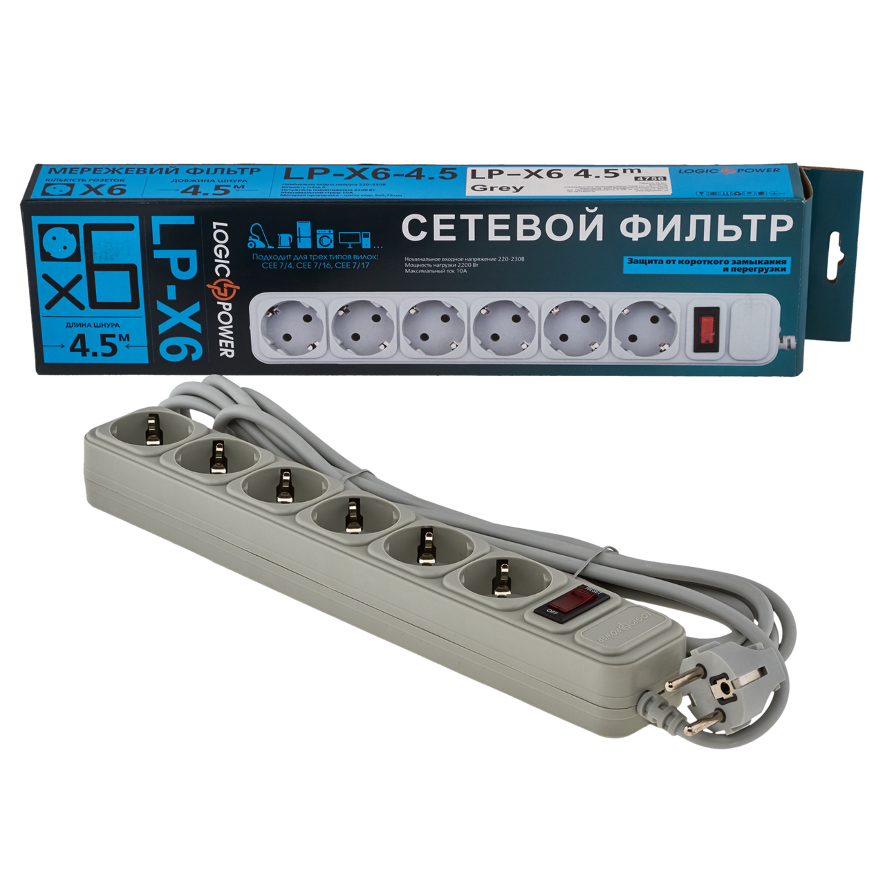 Мережевий фільтр LP-X6, 4,5 m Grey ТМ Logicpower, фото 1