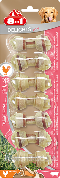 122074 8in1 Delights Pork XS Жувальні кісточки для собак, 7,5 см/7 шт.