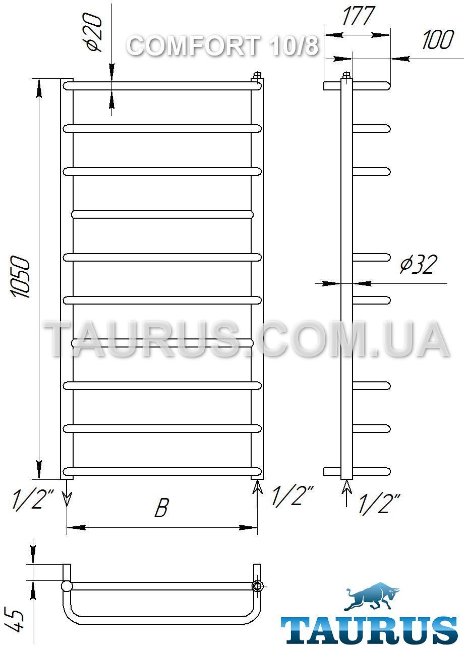 Высокий узкий н/ж полотенцесушитель Comfort 10-8/1050х400 прямые и гнутые П-образные перемычки d20 - фото 3 - id-p17827967