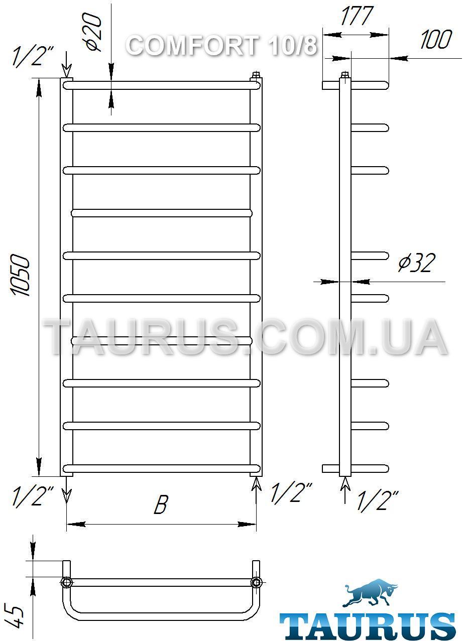 Большой полотенцесушитель Comfort 10/8 /1050х450 мм. П-образные и прямые перемычки d20. TAURUS - фото 2 - id-p20006478