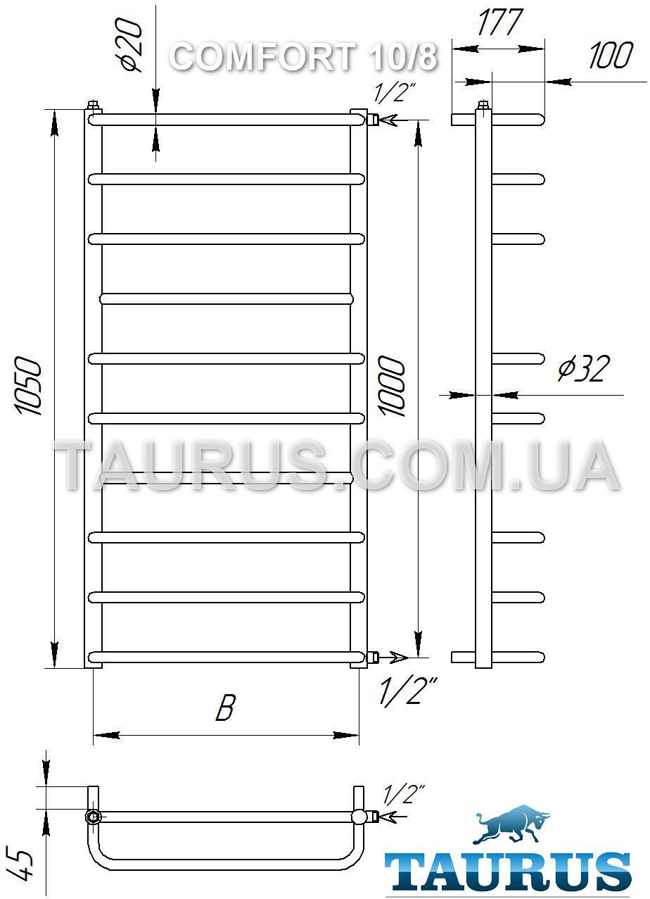 Большой полотенцесушитель Comfort 10/8 /1050х450 мм. П-образные и прямые перемычки d20. TAURUS - фото 4 - id-p20006478