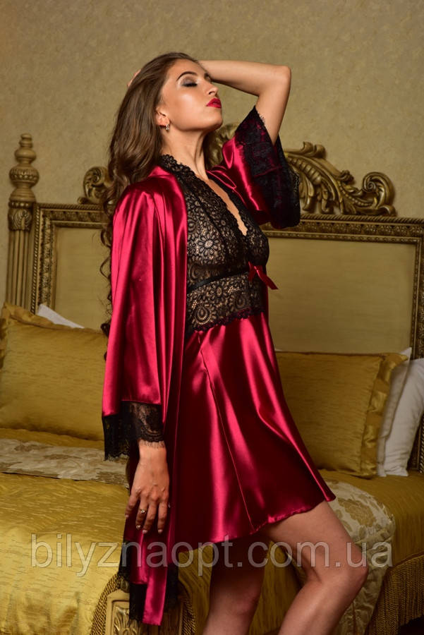 Комплект халат із пеньюаром з атласу з ніжним мереживом бордовий Шанталь