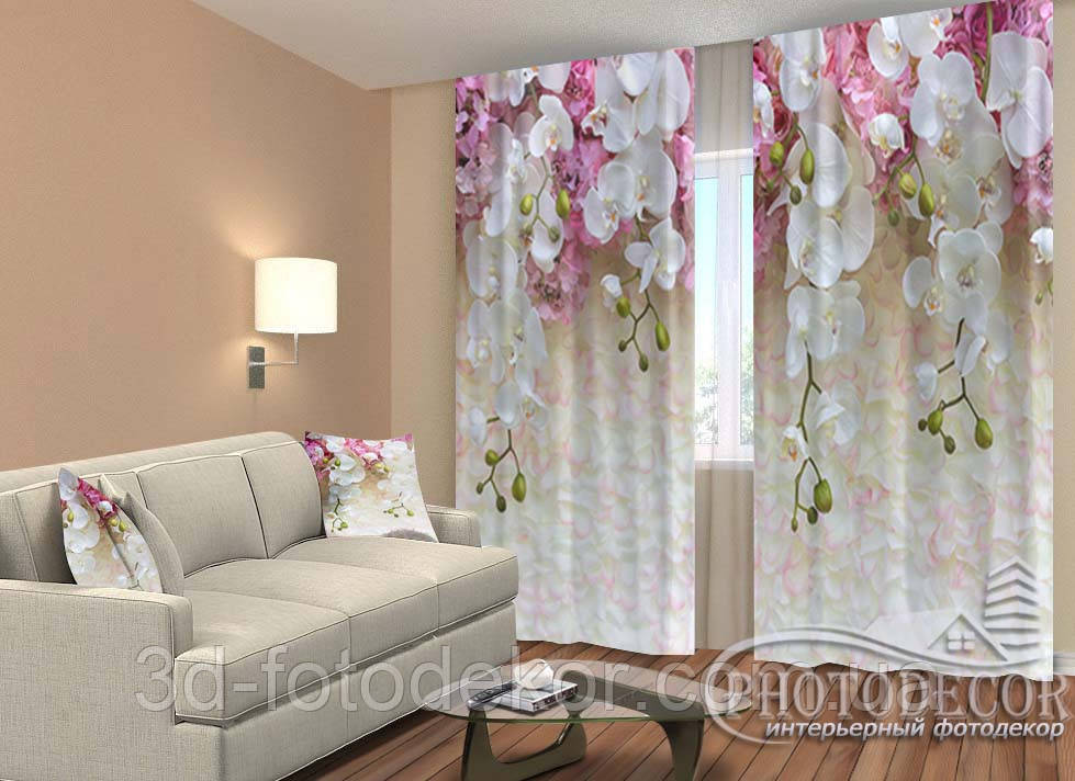 Фото Штори "Ламбрекени з білих орхідей" 2,5м*2,6м (2 полотна по 1,30м), тасьма, фото 1