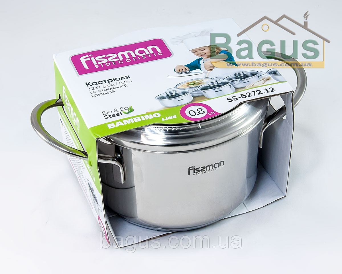 Каструля з неіржавкої сталі 0,8 л 12х7,5 см зі скляною кришкою Fissman "Bambino" (SS-5272.12)
