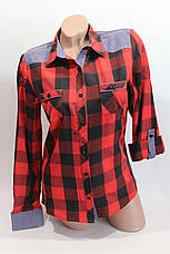 Жіночі сорочки в карту джинс RAM оптом VSA червоний + чорний 4*4, фото 2