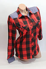 Жіночі сорочки в карту джинс RAM оптом VSA червоний + чорний 4*4, фото 3