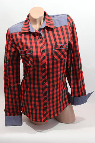 Жіночі сорочки в карту джинс RAM оптом VSA червоний + чорний крейд, фото 2