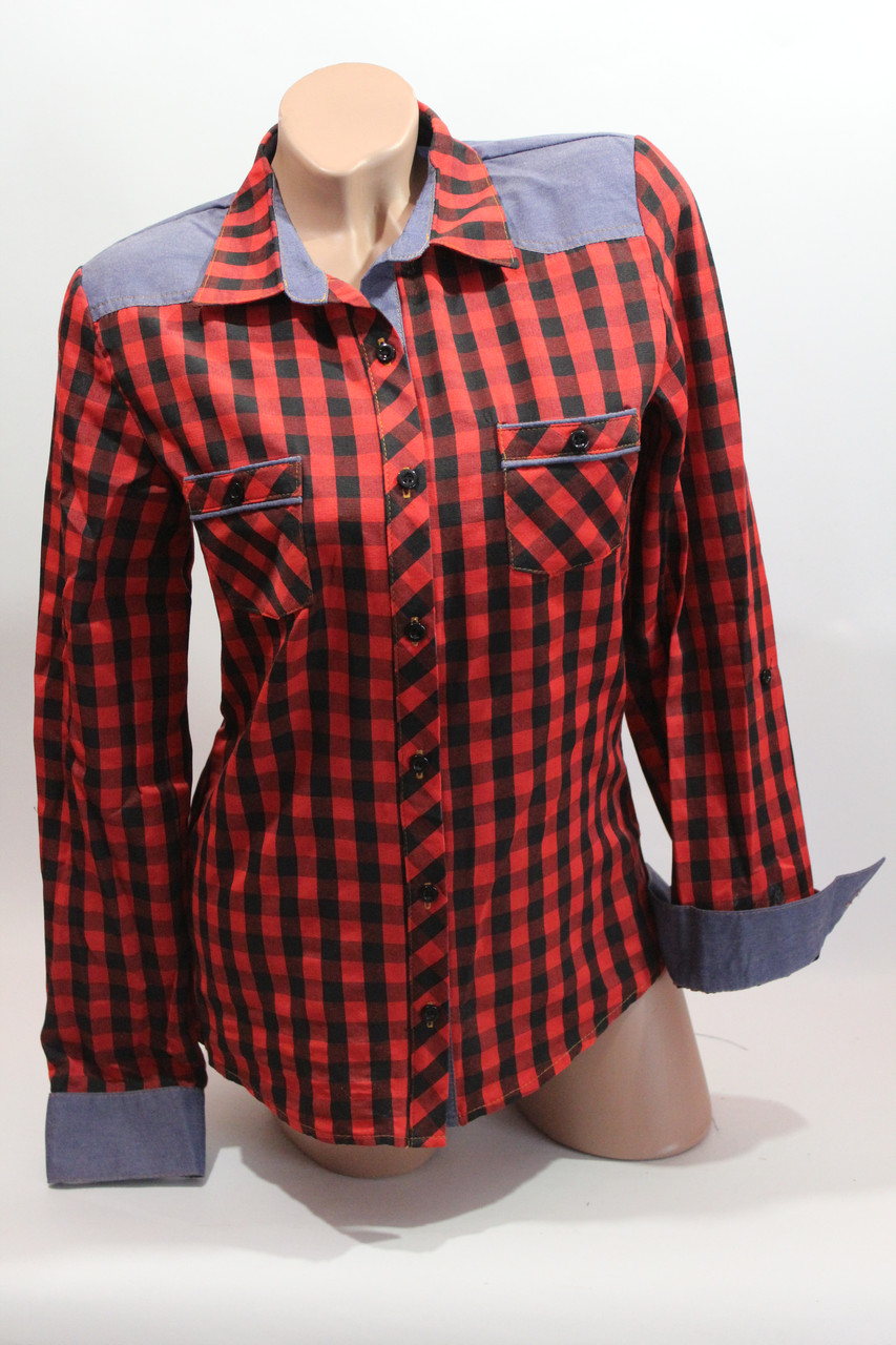Жіночі сорочки в карту джинс RAM оптом VSA червоний + чорний крейд