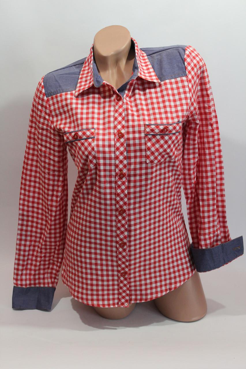 Жіночі сорочки в карту джинс RAM оптом VSA червоний + білий крейдачок.