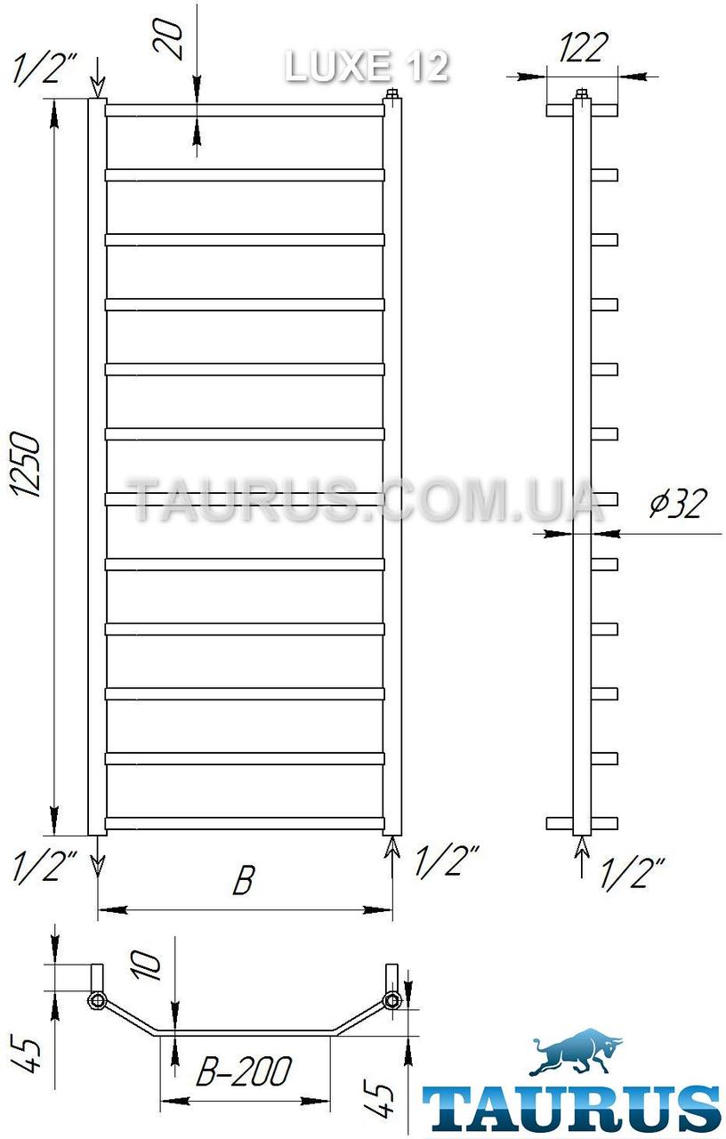 Большой полотенцесушитель Luxe 12 /1250х500 н/ж сталь: плоская перемычка трапецией 20х10 и круглая стойка D32 - фото 4 - id-p20109453
