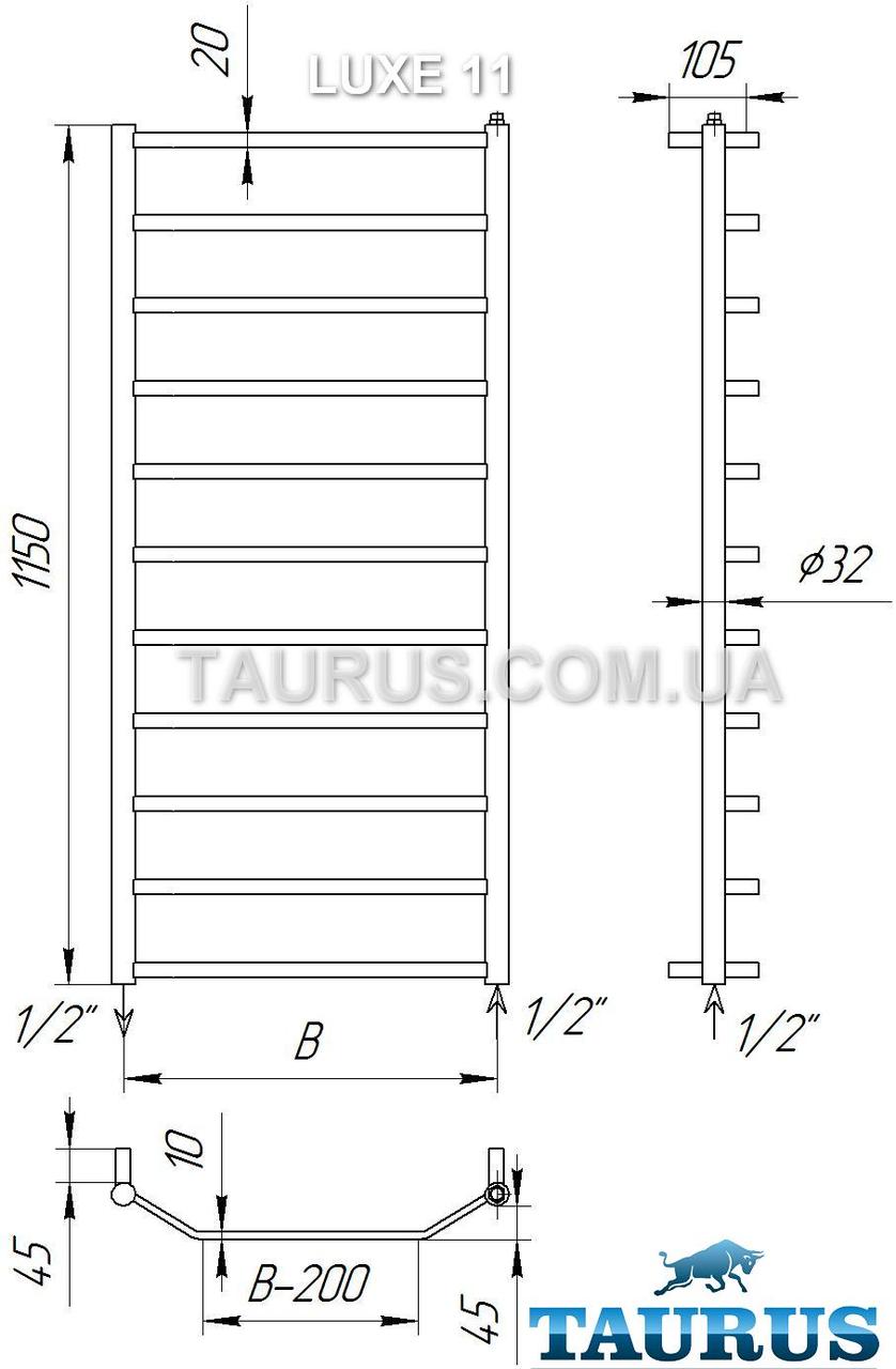 Длинный полотенцесушитель Luxe 11/1150х500 из н/ж стали: плоские перемычки трапецией 20х10, круглая стойка D32 - фото 4 - id-p17462903