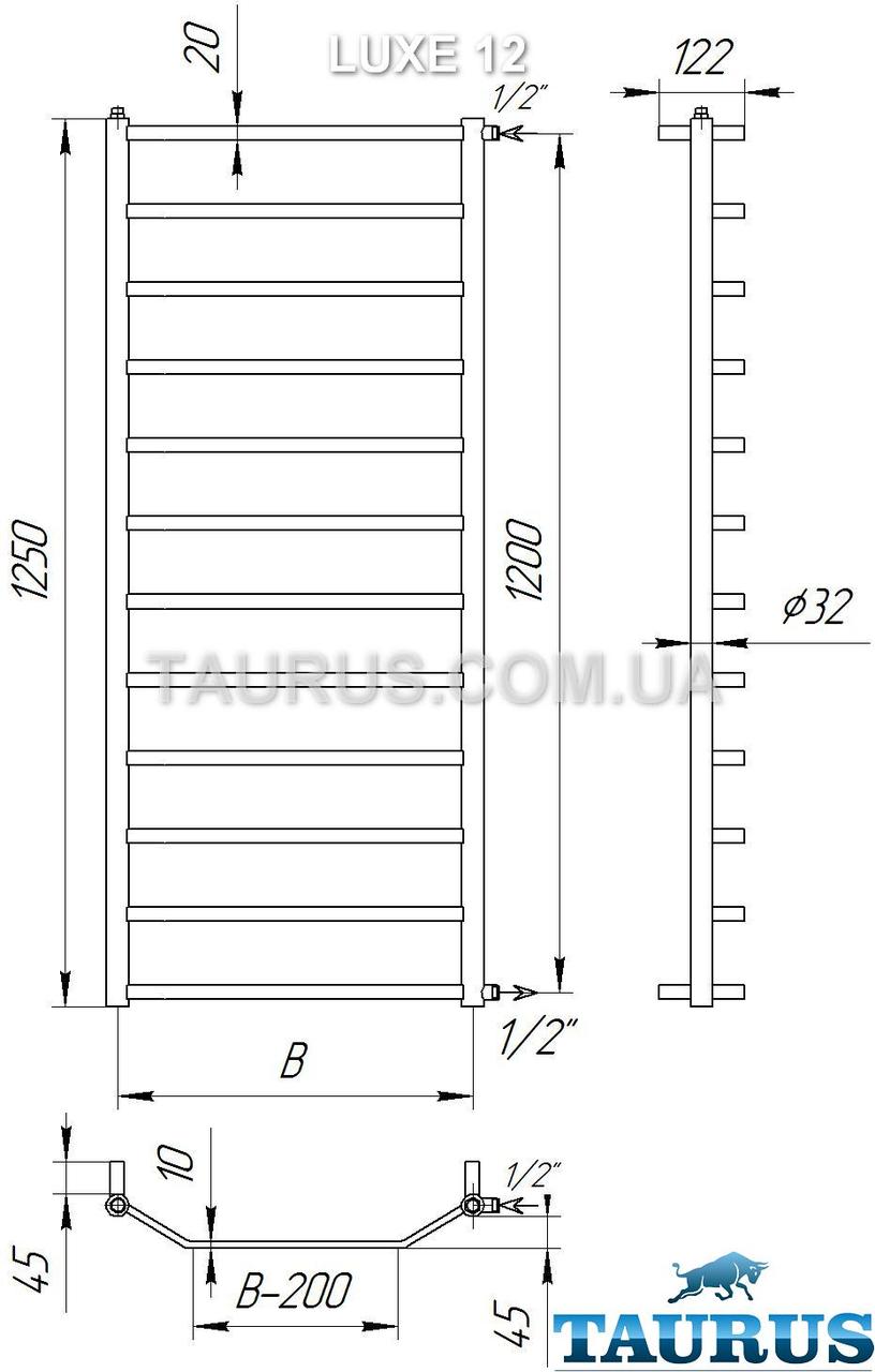 Большой полотенцесушитель Luxe 12 /1250х500 н/ж сталь: плоская перемычка трапецией 20х10 и круглая стойка D32 - фото 6 - id-p20109453