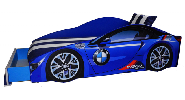 Ліжко дитяча машинка BMW синя Elit м'який спойлер + подушка+ящик
