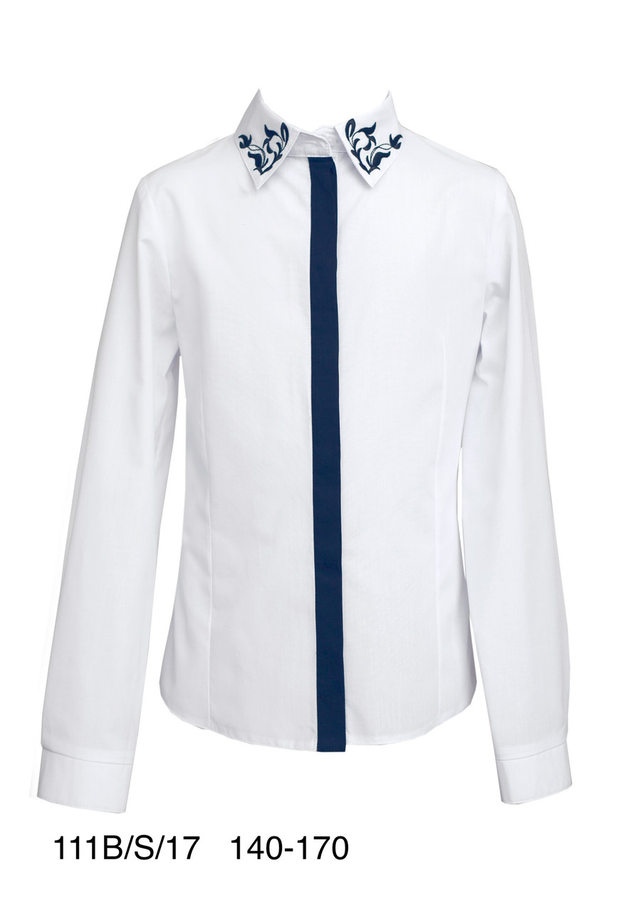 Блуза SLY шкільна біла з синім планкою і вишивкою на комірі з довгим рукавом