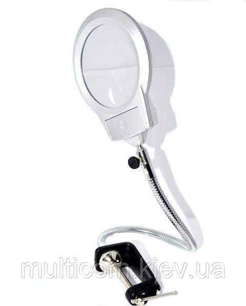 14-01-001. Лупа гнучка на струбцині, збільшення 2,5х діам.-90мм + 5х д.-22мм, LED підсвічування, фото 1