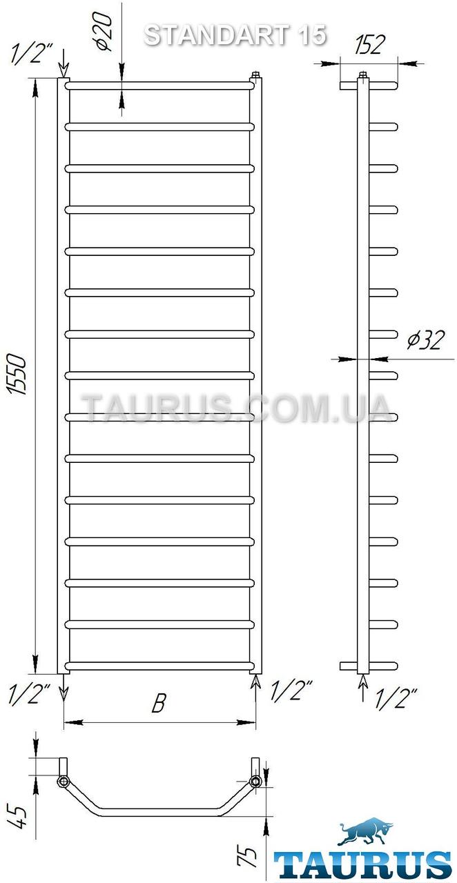Громадный высокий полотенцесушитель Standart 15/1550х450 мм. Практичные выступающие перемычки d20 - фото 7 - id-p20211480