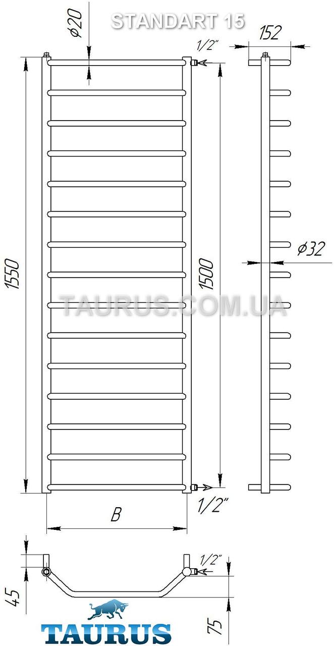 Громадный высокий полотенцесушитель Standart 15/1550х450 мм. Практичные выступающие перемычки d20 - фото 8 - id-p20211480