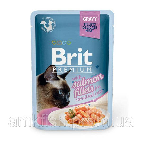 Вологий корм для стерилізованих котів Brit Premium Cat Pouch філе лосося в соусі 85г - фото 1 - id-p58285192