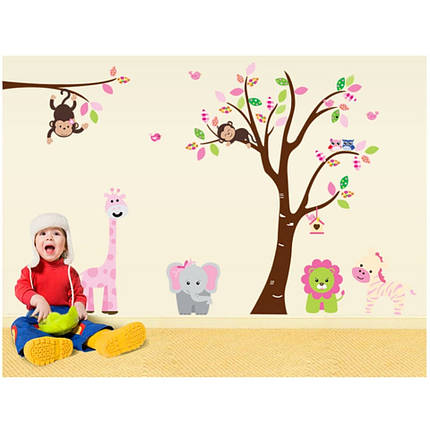 Наклейка на стіну в дитячу кімнату "Звірі біля дерева" 140*220см (2листа 60*90см), фото 2