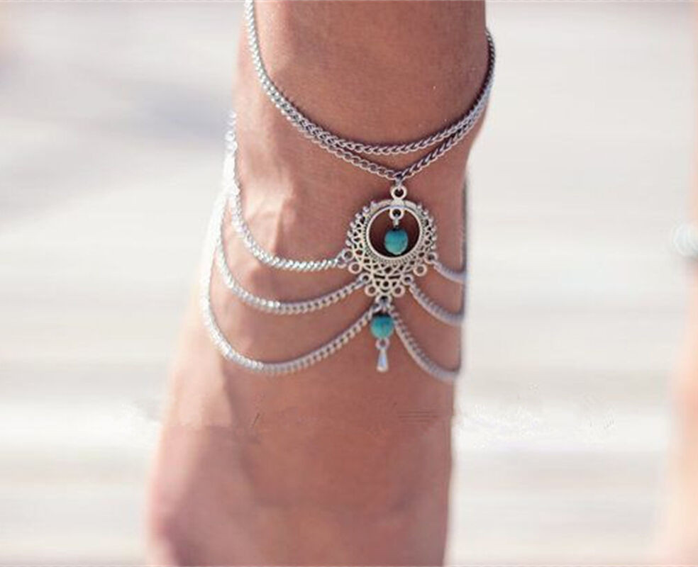 Браслет на ногу в східному стилі з бірюзовою, фото 1