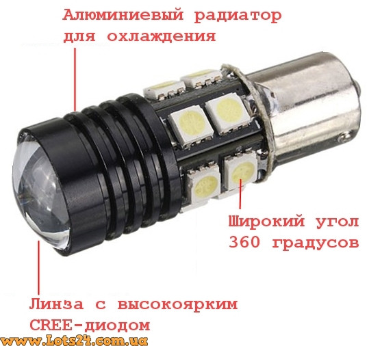 Автолампы P21W 1 CREE + 12 SMD LED BA15S 1156 светодиодные лампы заднего хода габариты стопы - фото 2 - id-p365909391