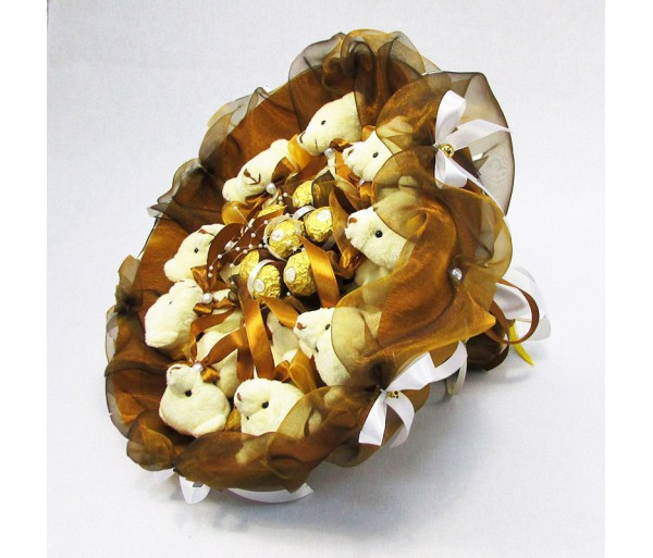 Букет з іграшок Ведмедика 9 золотисто-коричневий з Ферреро Роше, фото 1