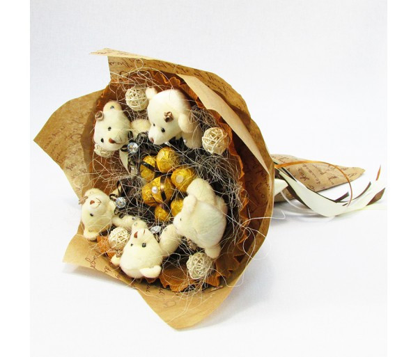 Букет з іграшок Ведмедики 5 з Ферреро Роше 7 Крафт, фото 1