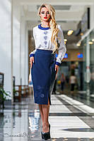 Офисная комбинированная юбка ниже колен с разрезом 46-52 размеры